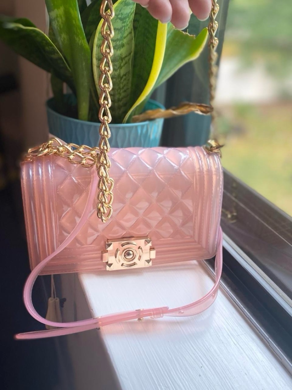 Quilted Pink Jelly Crossbody Bag with Gold Chain Strap